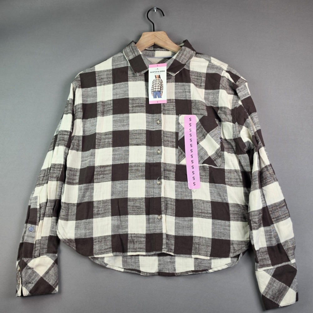 Scotch & Soda Womens Small Brown Cream Buffalo Check Flannel Button Up Shirt NWT
